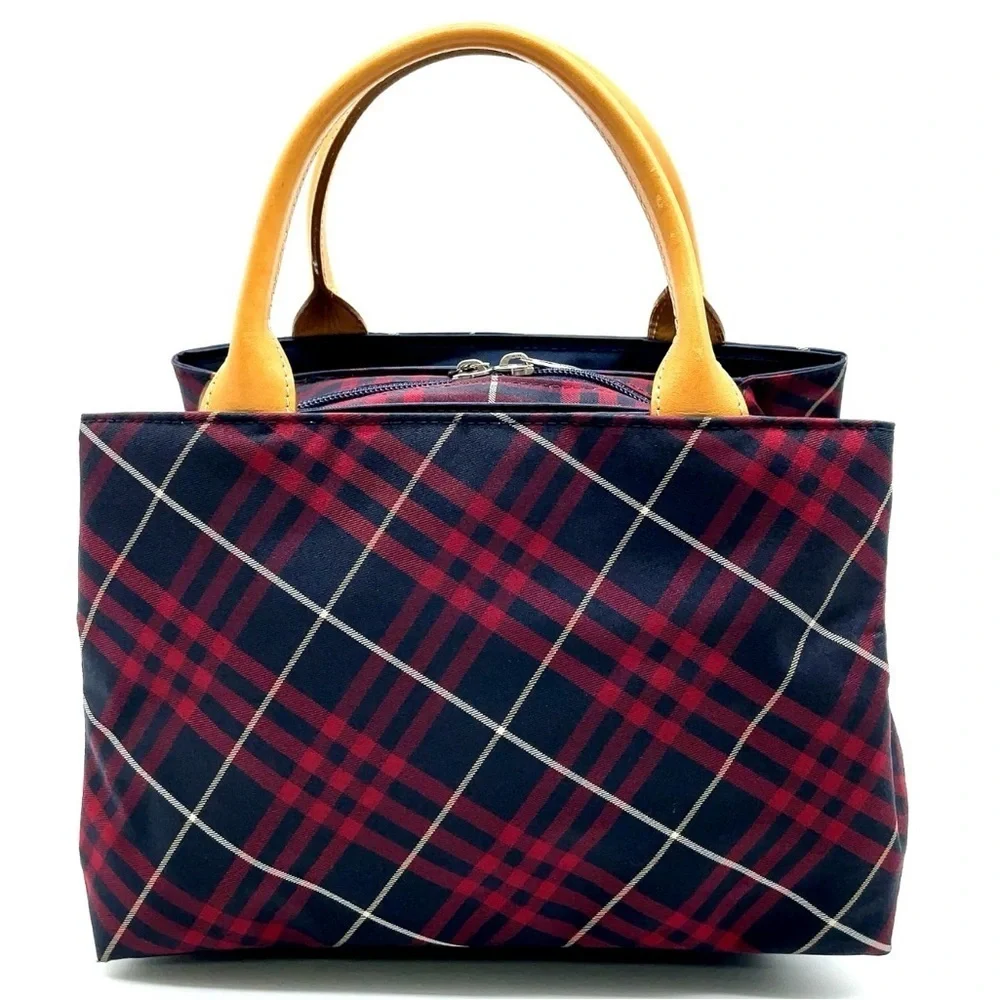 Auth Burberry Nova Check Blue Label Canvas Leather Black Red Handbag